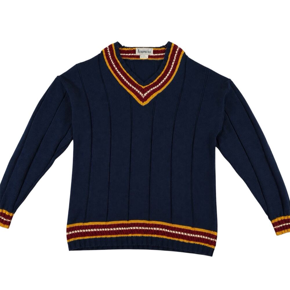 Vintage Aeropostale Cricket Sweater Mens L 100% Cotton‎ V Neck Preppy Varsity
